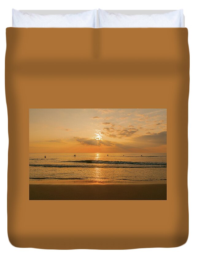 Surfing Duvet Cover featuring the photograph Five Surfers at Sunrise by John Quinn