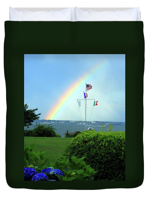 Flag Duvet Cover featuring the photograph Flags with a rainbow by Jim Feldman
