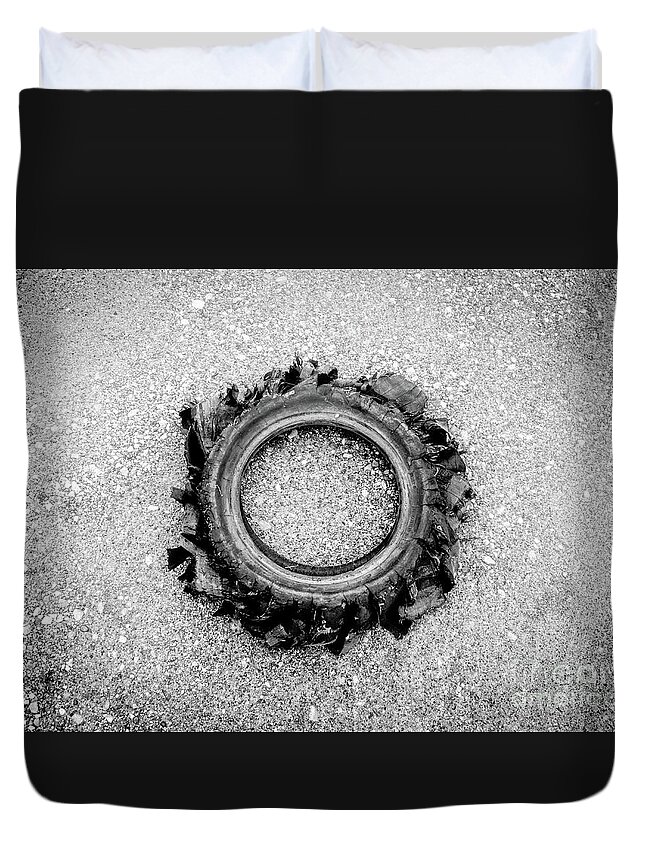 Blown Duvet Cover featuring the photograph Flat Tire BW by Troy Stapek