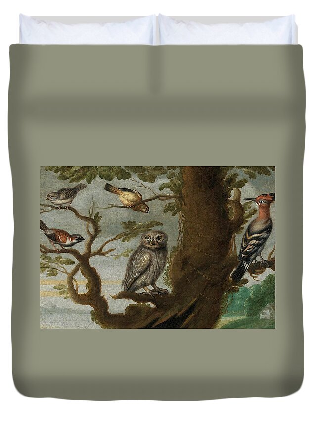 Travel Duvet Cover featuring the painting Flemish School Century An owl and a hoopoe and other birds in a tree by MotionAge Designs