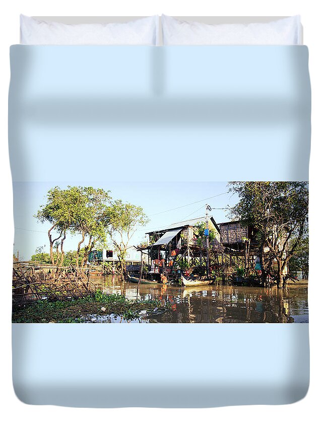 Panoramic Duvet Cover featuring the photograph Floating Villages of the Tonle Sap Lake in Cambodia by Sonny Ryse