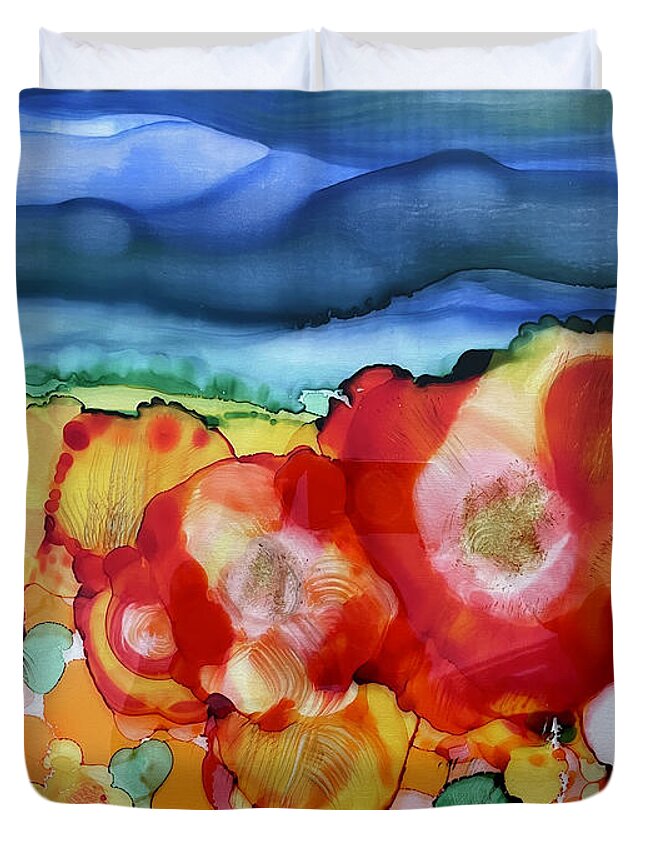 Colors Flowers Duvet Cover featuring the painting Flock of flowers by Shelley Myers
