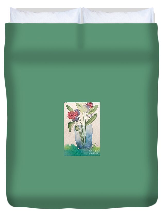 Floral Vase Flowers Duvet Cover featuring the painting Floral Vase by Nina Jatania