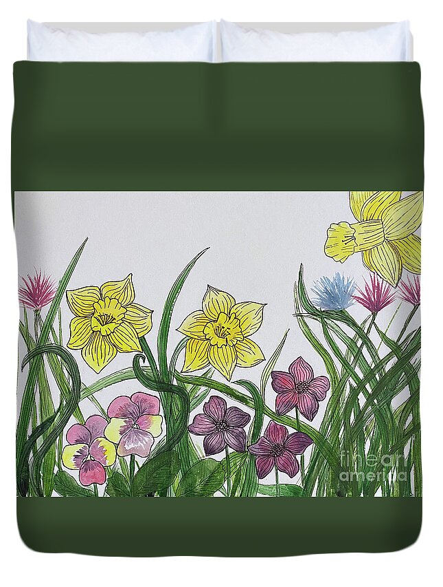 Daffodils Duvet Cover featuring the mixed media Flower Garden by Lisa Neuman