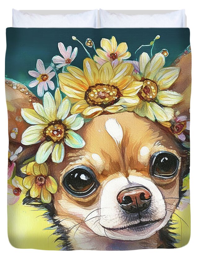Chihuahua Duvet Cover featuring the painting Flower Girl Chihuahua by Tina LeCour