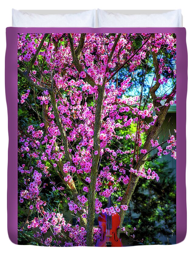 Violin Duvet Cover featuring the photograph Flowering Plum With Violin by Garry Gay