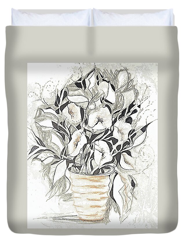 Flower Duvet Cover featuring the painting Flowerpot Drawing with Ink by Lisa Kaiser