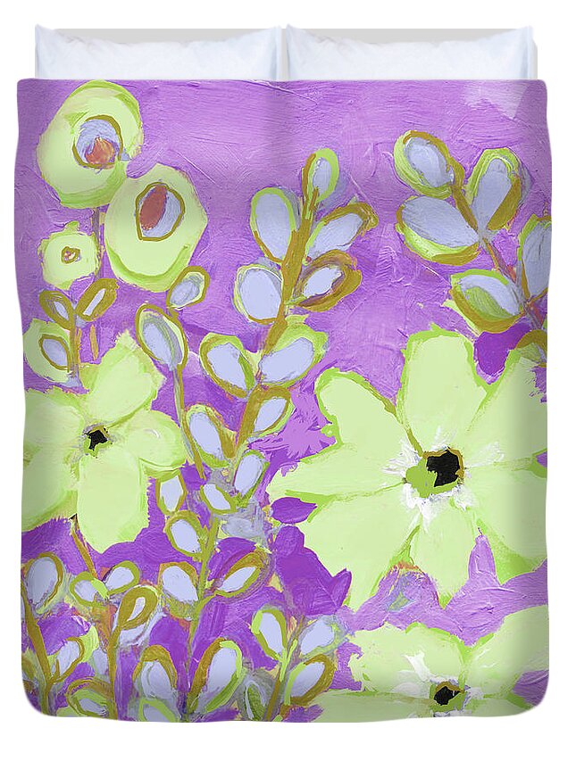 Flowers And Foliage Duvet Cover featuring the painting Flowers and Foliage Abstract Flowers Green and Purple by Patricia Awapara