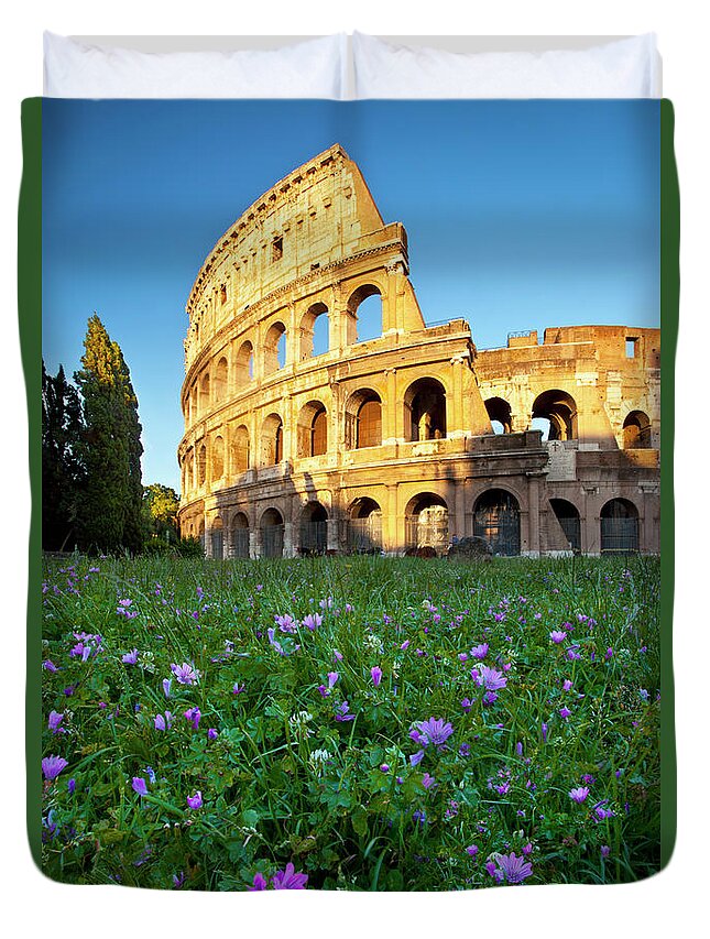 Roman Duvet Cover featuring the photograph Flowers at the Coliseum - Rome Italy by Brian Jannsen