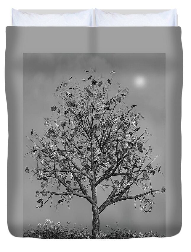 Autumn Duvet Cover featuring the mixed media Flowers Beneath The Autumn Tree Black and White by David Dehner