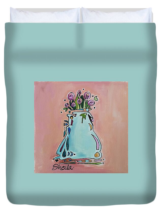 Still Life Duvet Cover featuring the painting Flowers Blue Vase by Sheila Romard