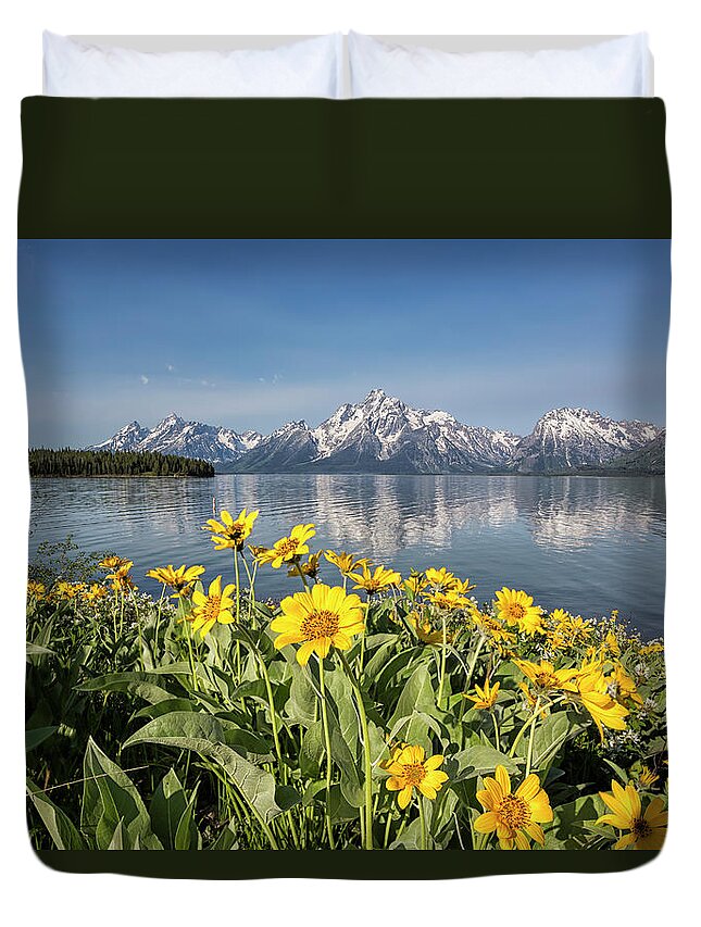 Flowers Duvet Cover featuring the photograph Flowers by Jackson Lake, Grand Tetons by Belinda Greb