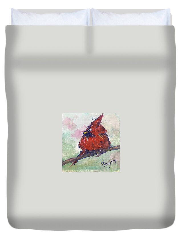 Cardinal Duvet Cover featuring the painting Fluffy Cardinal by Roxy Rich