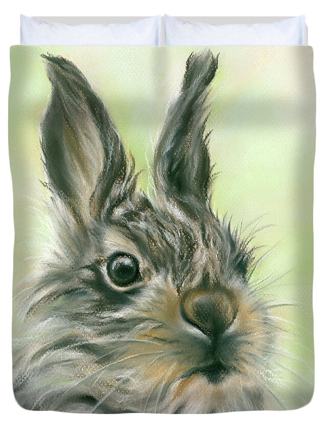Animal Duvet Cover featuring the painting Fluffy Young Hare Portrait by MM Anderson