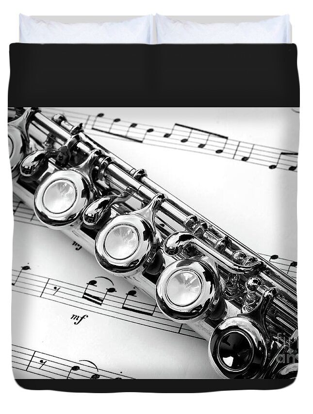 Flute Duvet Cover featuring the photograph Flute and sheet music by Delphimages Photo Creations