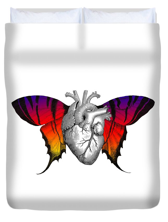 Heart Duvet Cover featuring the digital art Flying heart with butterfly wings by Madame Memento