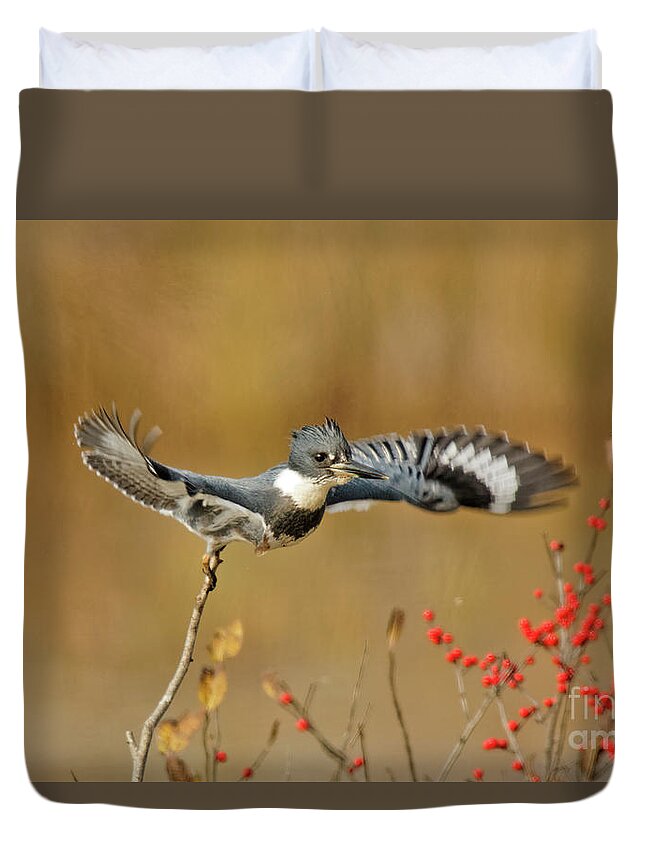 Bird Duvet Cover featuring the photograph Flying Kingfisher at Crex by Natural Focal Point Photography
