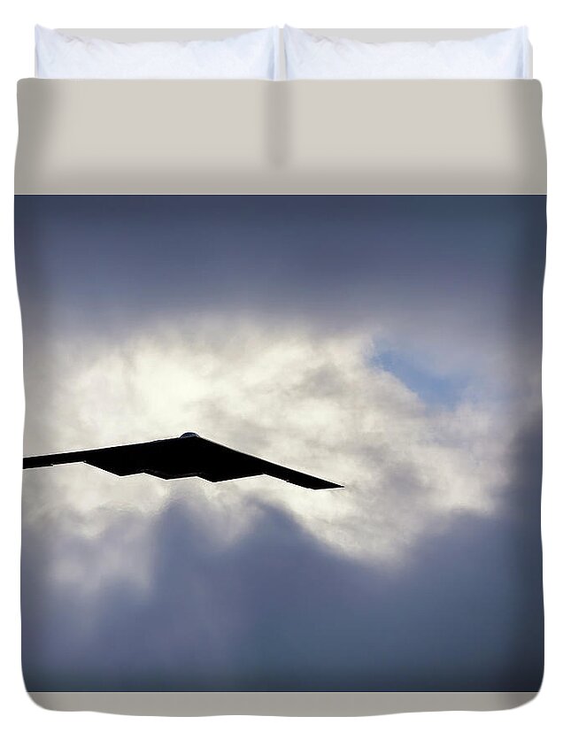 B2 Duvet Cover featuring the photograph Flying out of the Clouds - B-2 Stealth Bomber - Air Force Pilot by Jason Politte