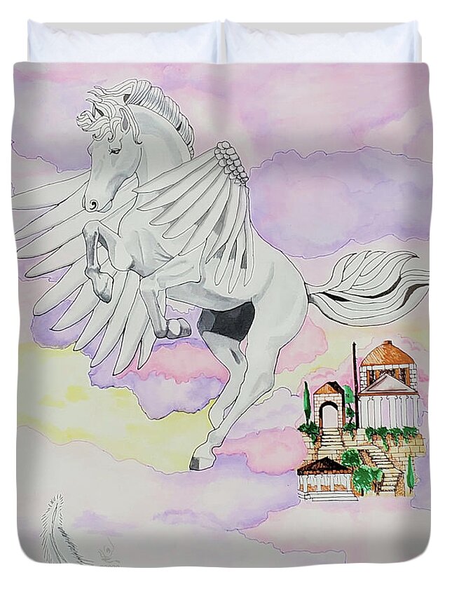 Watercolor Painting Duvet Cover featuring the painting Flying Pegasus by Equus Artisan