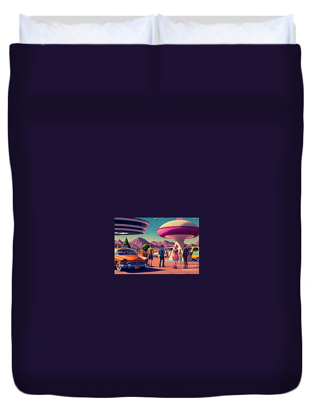 Flying Duvet Cover featuring the mixed media Flying Saucer Frenzy IX by Jay Schankman