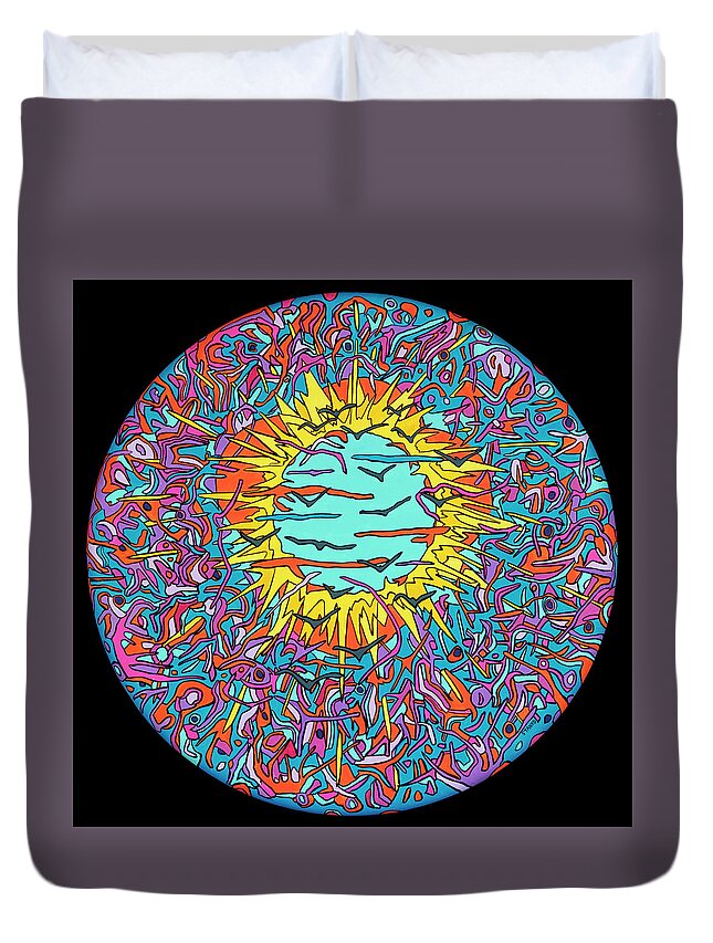Flying Psychedelic Pop Art Colorful Sun Duvet Cover featuring the painting Flying through the Sun by Mike Stanko