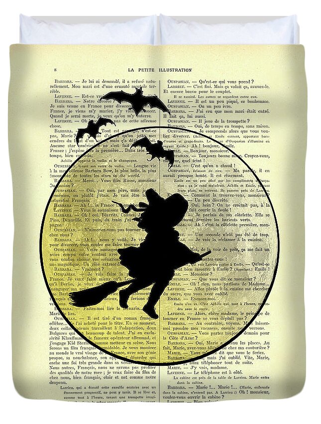 Halloween Duvet Cover featuring the digital art Flying Witch With Full Moon by Madame Memento