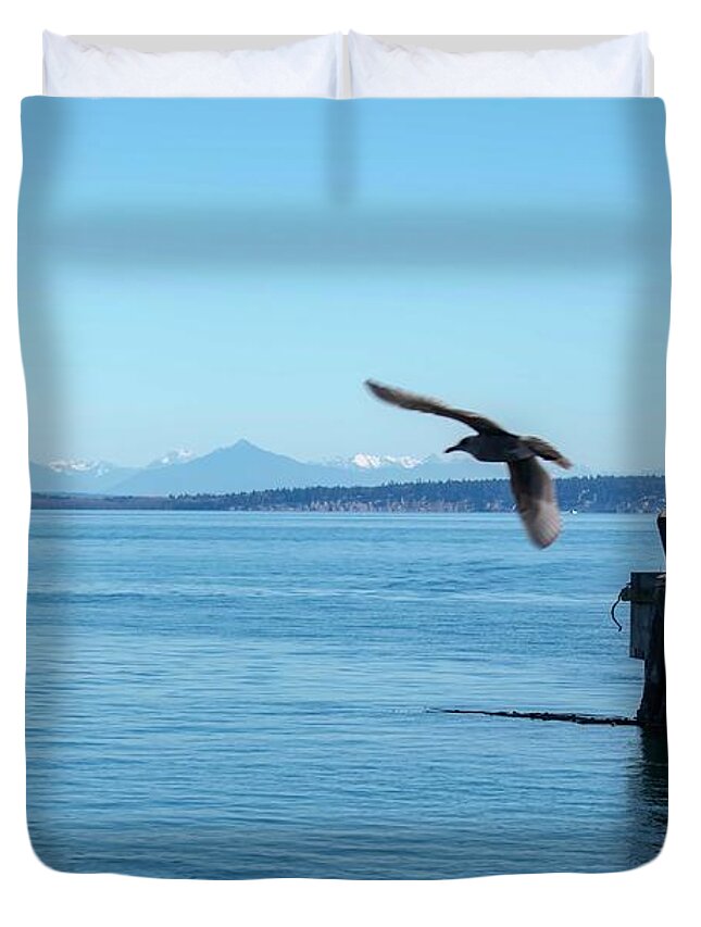 Port Townsend Duvet Cover featuring the photograph Flyover Port Townsend Bay by Cathy Anderson