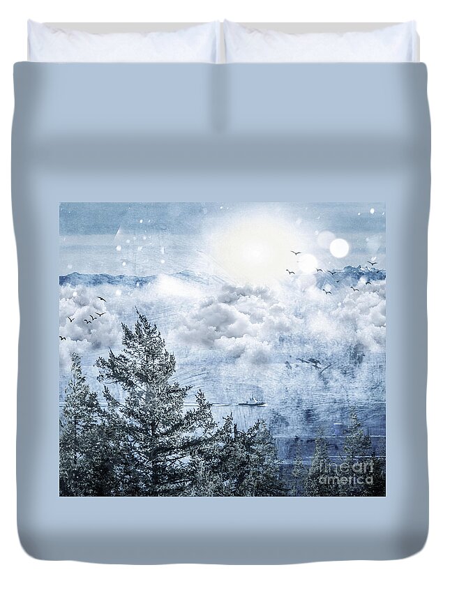 Sea Duvet Cover featuring the digital art Fog lifts over Georgia Strait by William Wyckoff