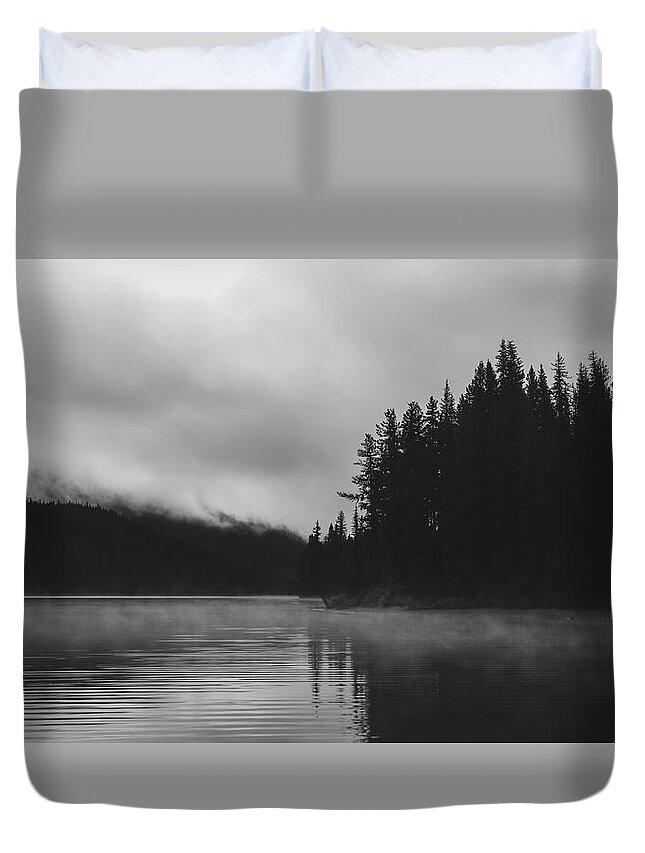 Foggy Forest Reflection Black And White Duvet Cover featuring the photograph Foggy Forest Reflection Black And White by Dan Sproul
