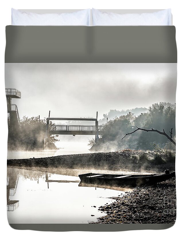 Anchor Duvet Cover featuring the photograph Foggy Landscape With Boats On River Bank And Bridge In River Danube National Park In Austria by Andreas Berthold