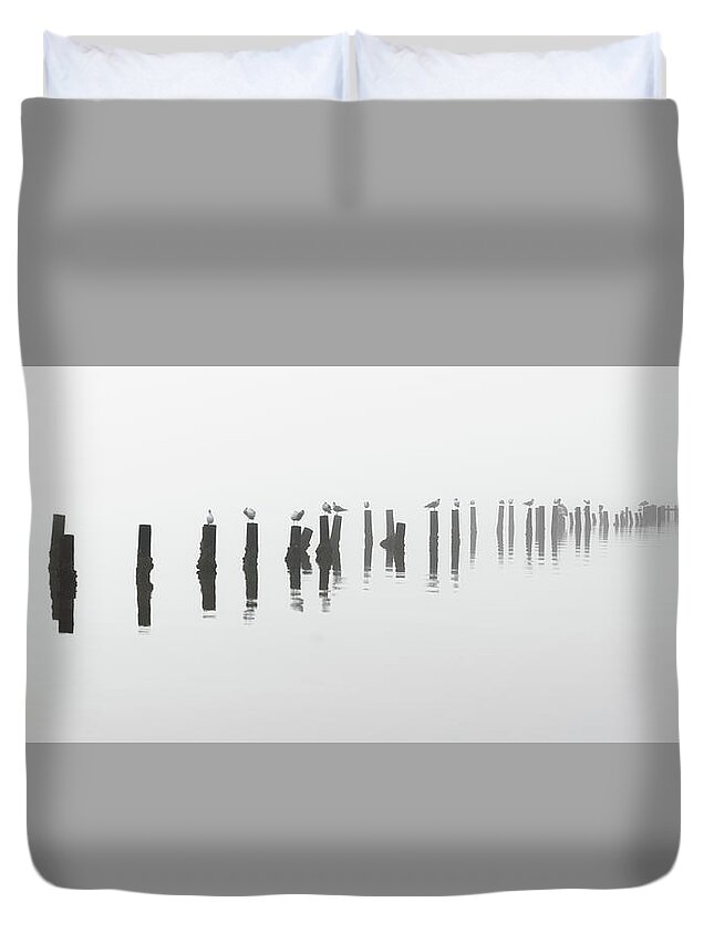 Black And White Duvet Cover featuring the photograph Foggy Old Pier In Black And White Florida by Jordan Hill