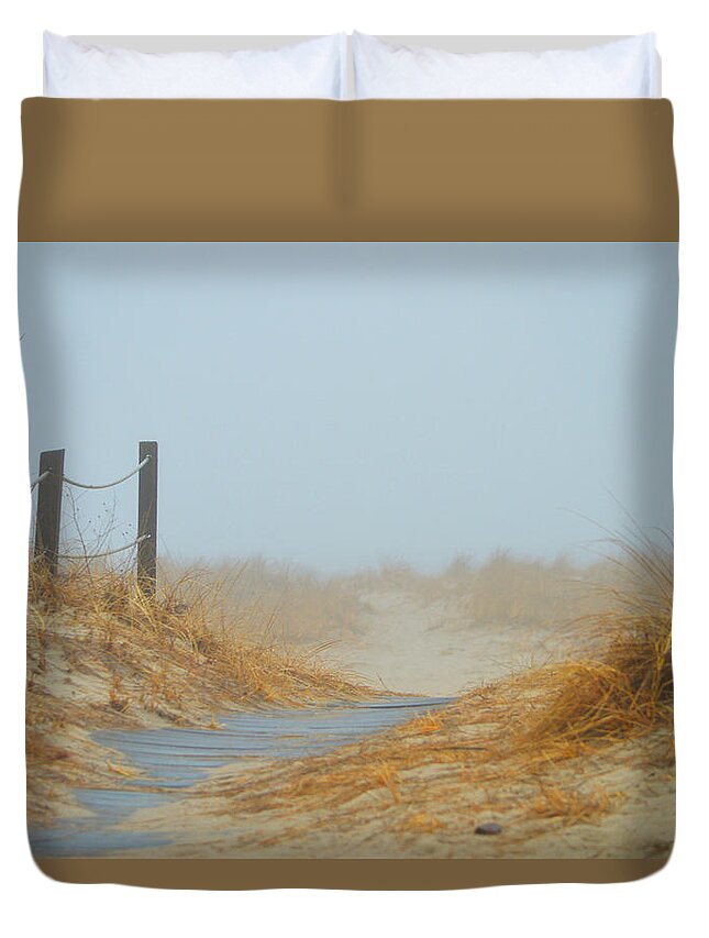 Fog Duvet Cover featuring the photograph Foggy Pathway to the Ocean by Dianne Cowen Cape Cod Photography