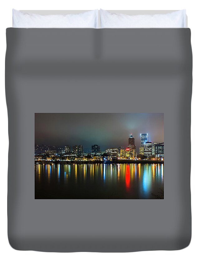 City Duvet Cover featuring the photograph Foggy Portland Night by Loyd Towe Photography
