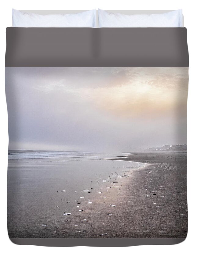 Emerald Isle Duvet Cover featuring the photograph Foggy Sunset at Emerald Isle North Carolina by Bob Decker