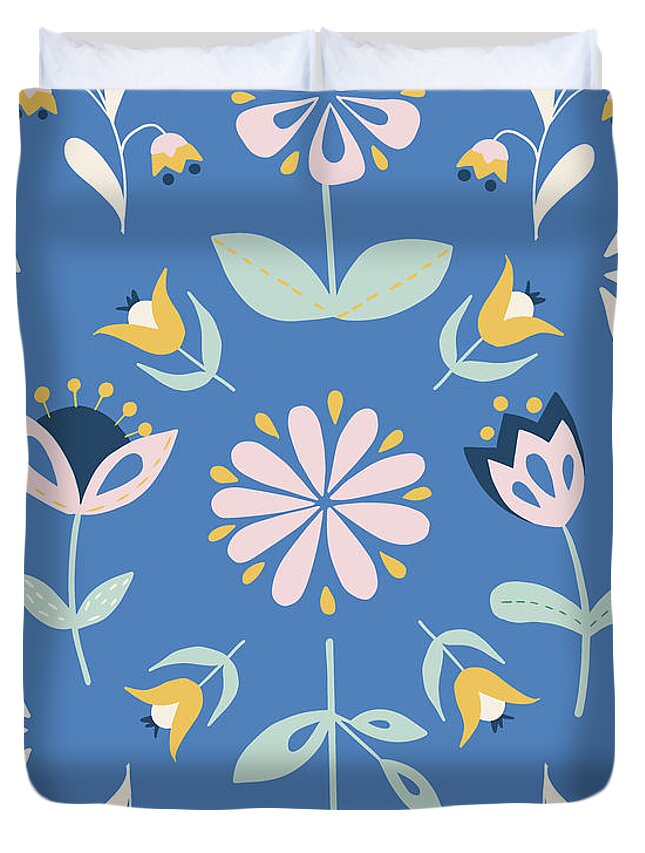 Folk Flowers Duvet Cover featuring the painting Folk Flower Pattern in Blue by Ashley Lane
