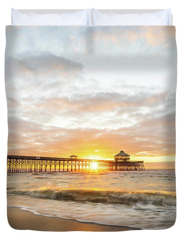 Folly Beach Duvet Cover featuring the photograph Folly Beach Pier Sunrise by Ivo Kerssemakers