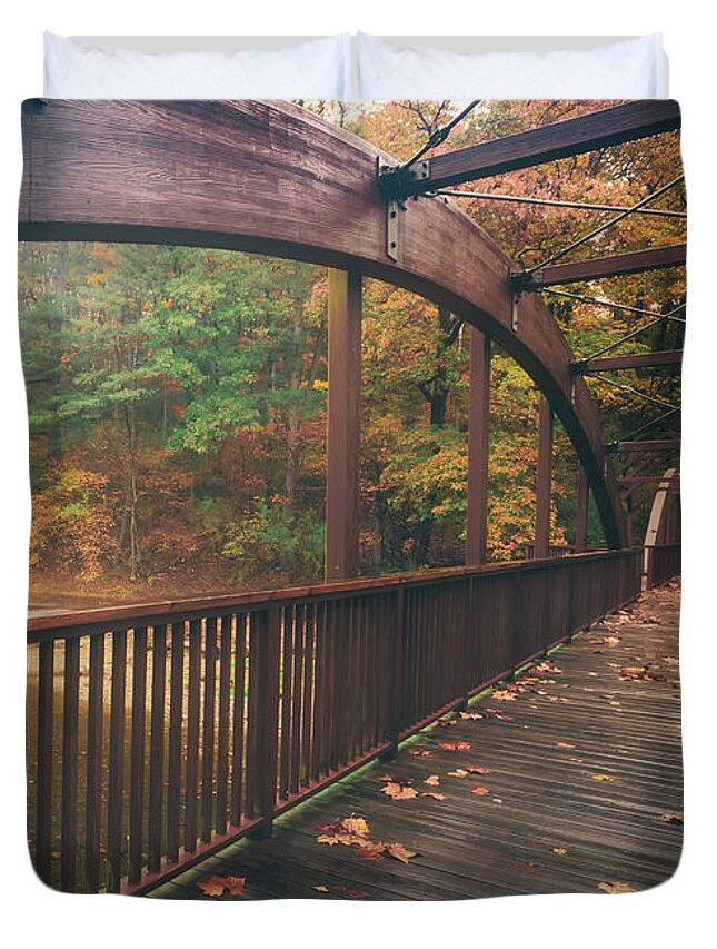 Bridge Duvet Cover featuring the photograph Ford Pedestrian Bridge Long Autumn View by Jason Fink