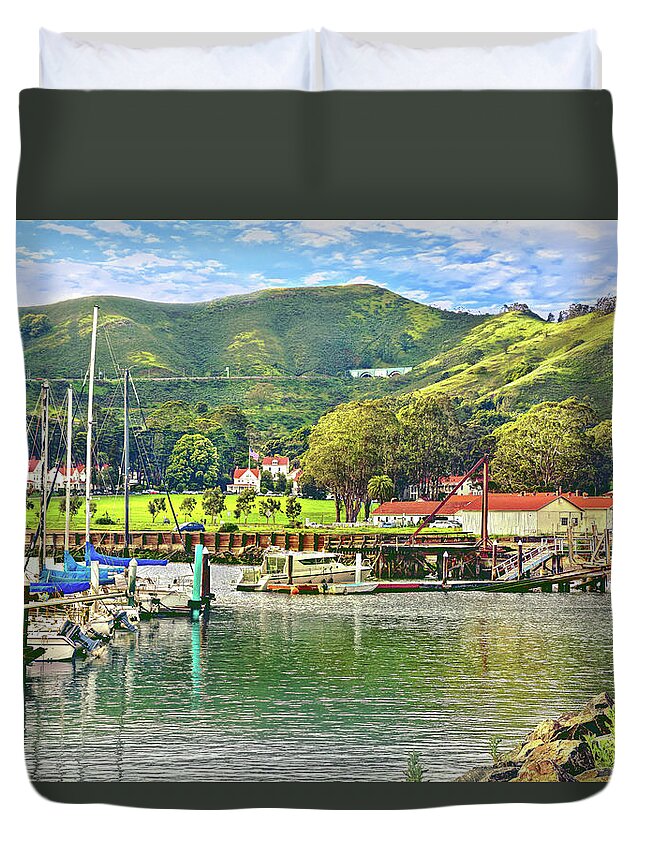 Harbor Duvet Cover featuring the photograph Fort Baker Yacht Harbor and Marin Headlands by Brian Tada