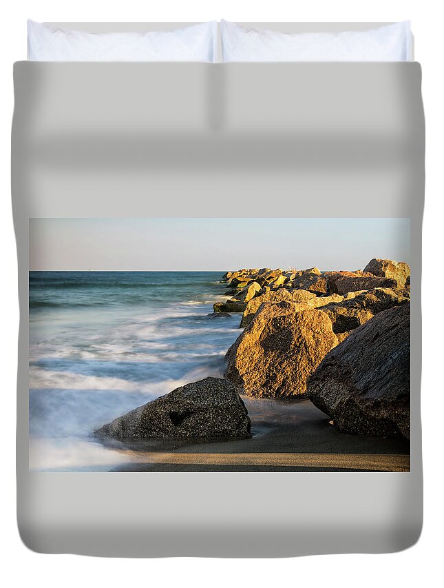 Fort Macon State Park Duvet Cover featuring the photograph Fort Macon Jetty as Sunset Approaches by Bob Decker