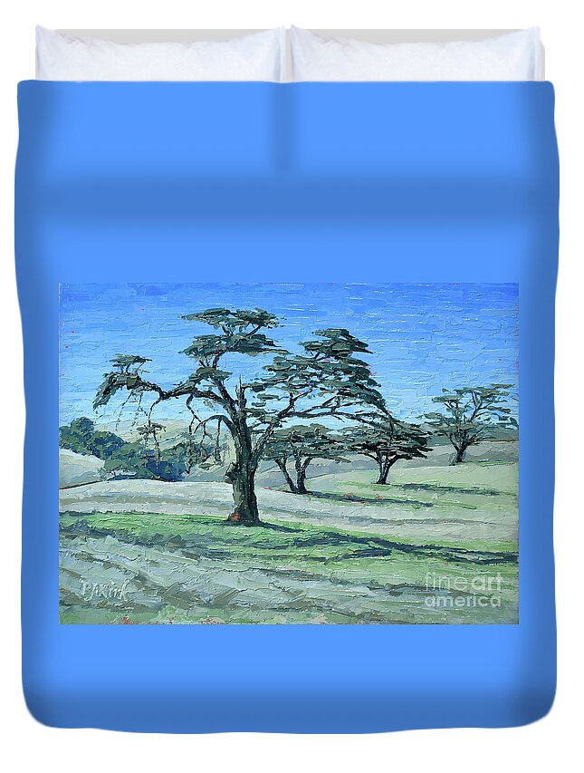 Monterey Duvet Cover featuring the painting Fort Ord Oaks by PJ Kirk