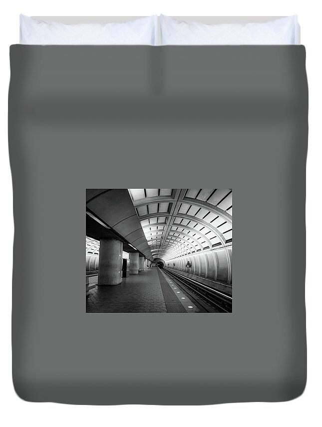 Black And White Duvet Cover featuring the photograph Fort Totten Station by Lora J Wilson