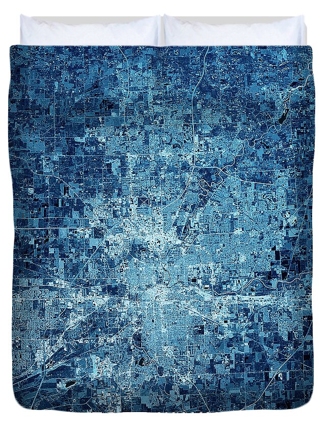 Fort Wayne Duvet Cover featuring the photograph Fort Wayne Indiana 3D Render Map Blue Top View Sept 2019 by Frank Ramspott