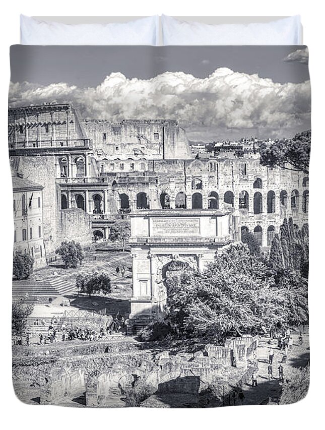 Italian Scene Duvet Cover featuring the photograph Forum Romanum with The Colosseum in the background BW by Stefano Senise