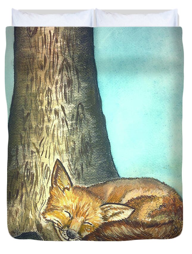 Nature Duvet Cover featuring the painting Fox And Tree by Christina Wedberg
