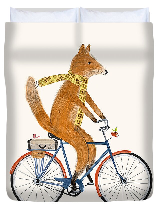 Fox Duvet Cover featuring the painting Fox Bicycle by Bri Buckley