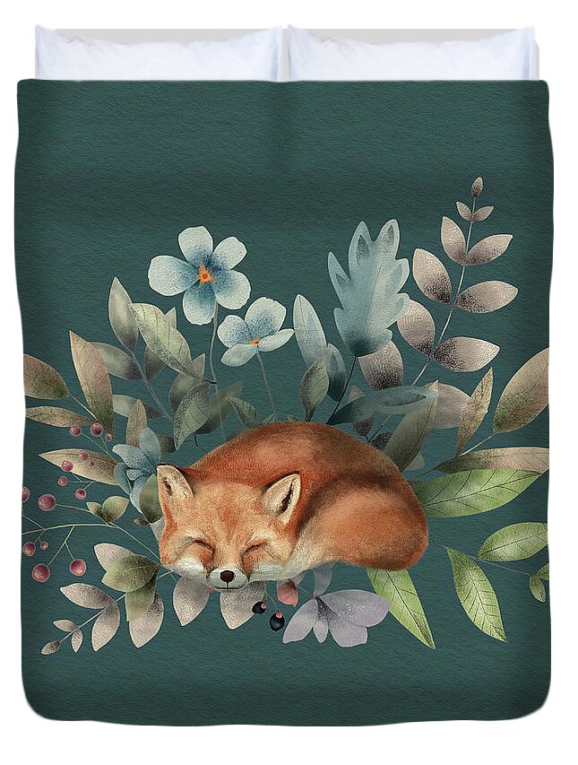 Fox Duvet Cover featuring the painting Fox With Flowers by Garden Of Delights
