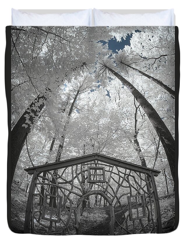 Ma Mass Massachusetts Newengland Usa U.s.a. New England Ir Infrared 720nm Brian Hale Brianhalephoto Fisheye Fish Eye Fish-eye House Frame Art Installation Trees Woods Forest Garden In The Woods Framingham Duvet Cover featuring the photograph Framed In Framingham by Brian Hale