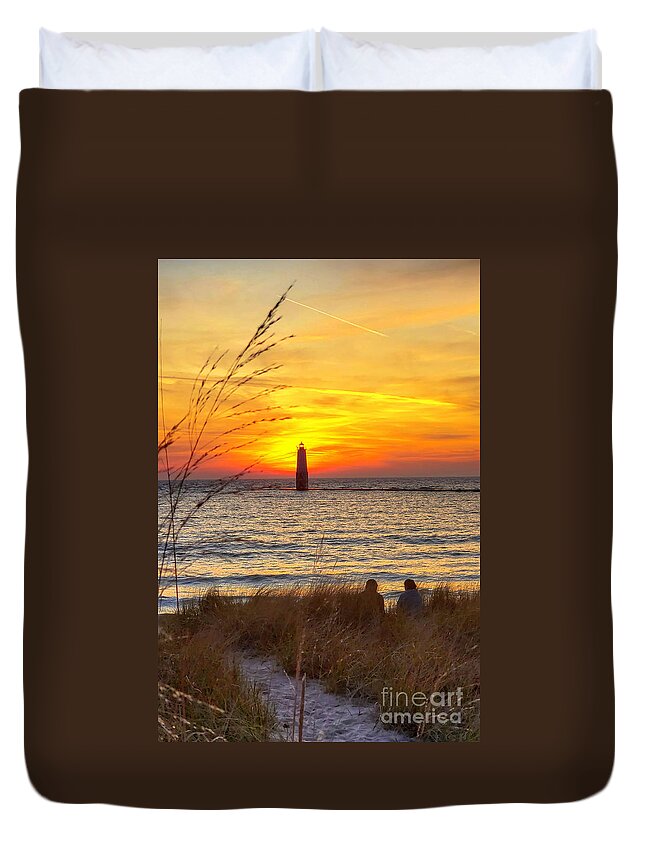 Lighthouse Frankfort Duvet Cover featuring the photograph Frankfort Beach Lighthouse Sunset -2632 by Norris Seward