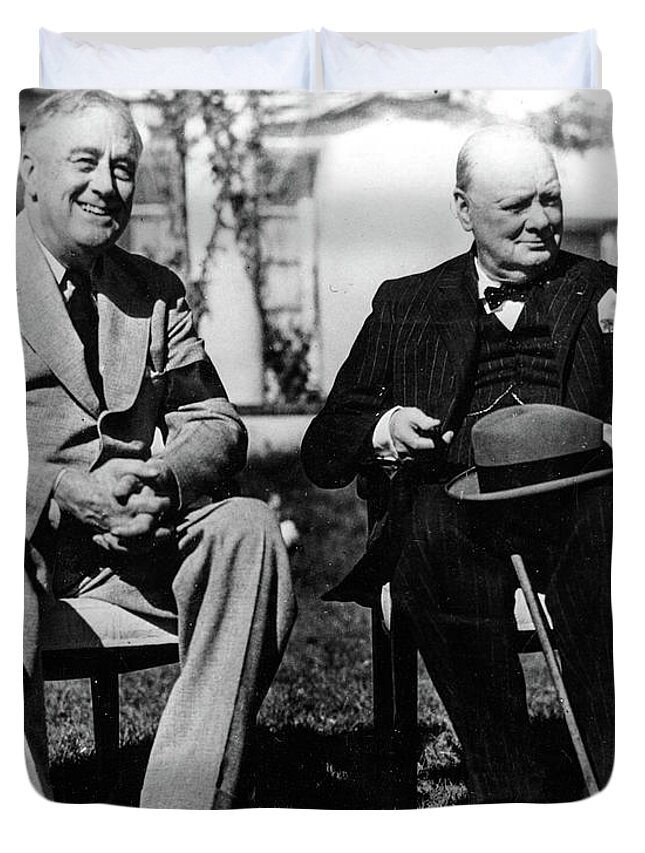 Casablanca Conference Duvet Cover featuring the painting Franklin Roosevelt with Winston Churchill at the Casablanca Conference by Historical Photo