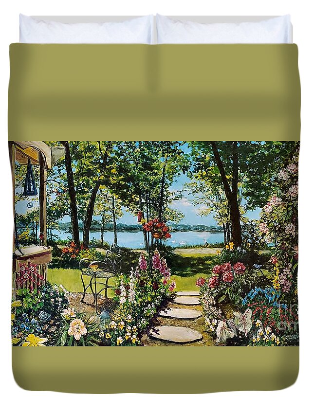 Garden Duvet Cover featuring the painting Fran's Garden by Merana Cadorette